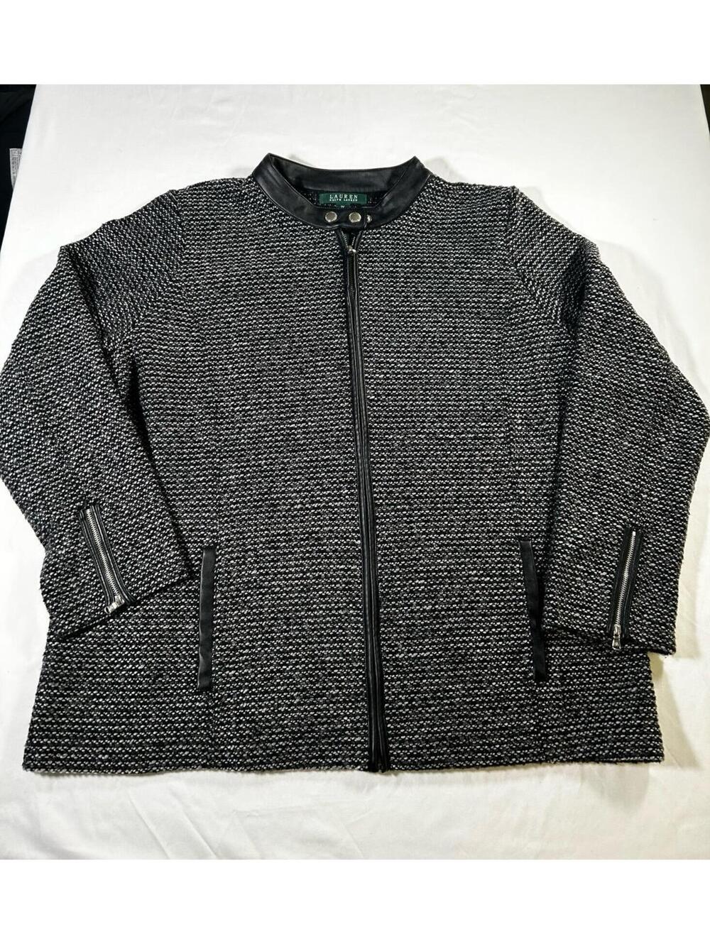 Lauren Ralph Lauren Black/Gray Tweed Zip Up Faux Leather Trim Jacket 2XL